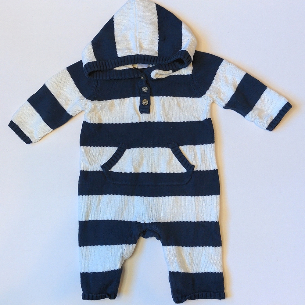 Old Navy White & Blue Striped Hooded Knit One-Piece * 3-6M